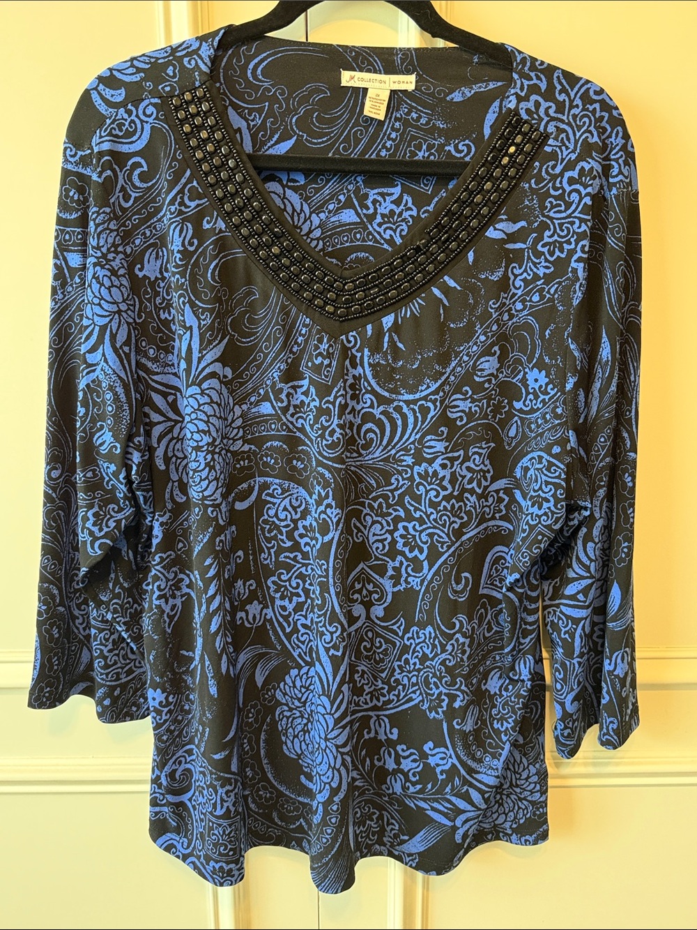 JM Collection Black and Blue Paisley V-Neck Beaded Long Sleeve Top